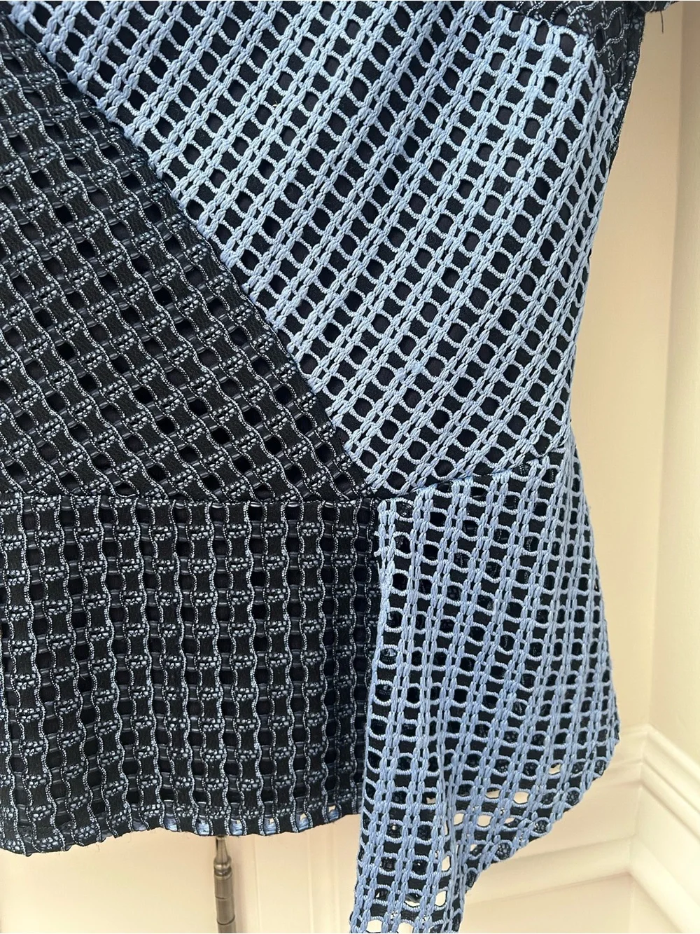 BCBGMaxAzria Navy and Light Blue Asymmetric Lace Peplum Top - Picture 2 of 4